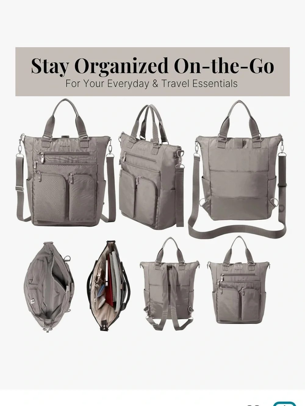 NWT Baggallini All Set 3 in 1 convertible crossbody tote backpack in silver gray - Picture 6 of 13